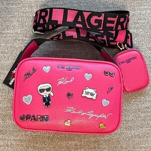 Karl Lagerfeld Hot Pink Fuchsia Iridescent Charm Crossbody Bag, NWT, # LH5EK9BJ
